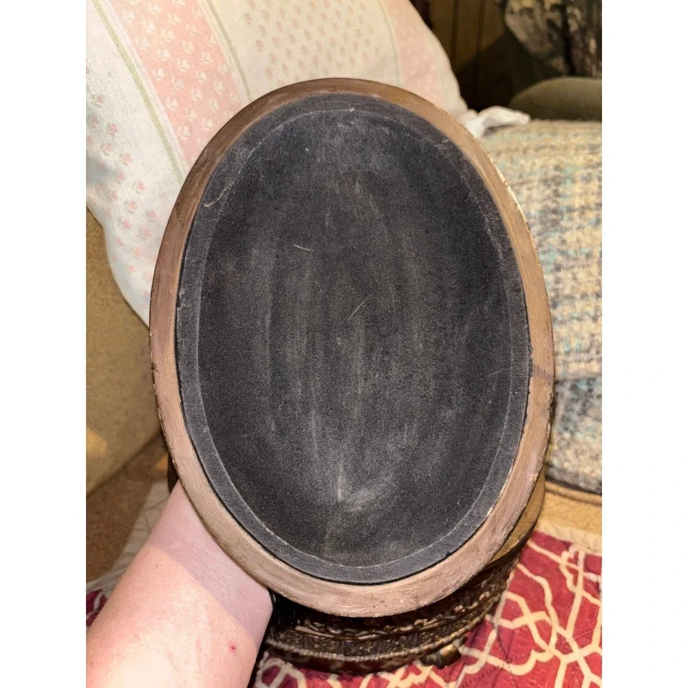 Vintage Style Bronze Ornate Oval Trinket Box with Black Tassels & Felt Lining
